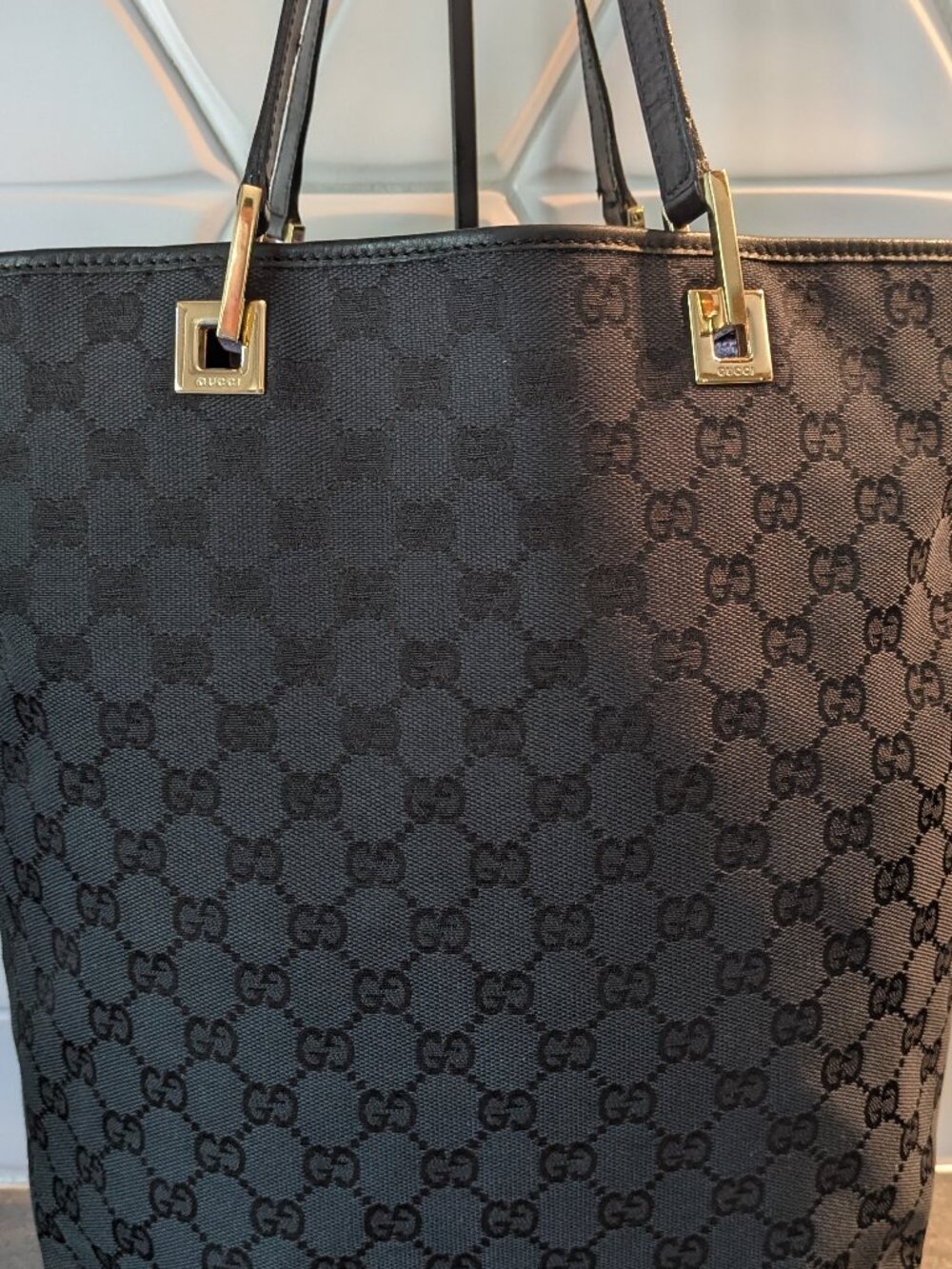 GUCCI Tote Bag Black GG Canvas Gold Metal Authentic Tom Ford era